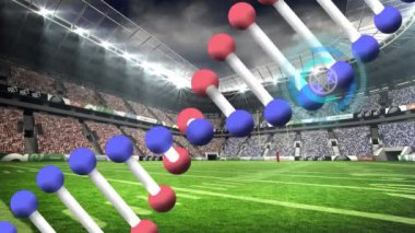 Spor stadyumundaki çimlerin üzerinde dönen DNA ipliklerinin animasyonu. spor, rekabet, küresel iletişim ve veri teknolojisi konsepti dijital olarak oluşturulmuş video.