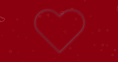 Kırmızı arka planda yanıp sönen kalplerin neon kalp şeklinin animasyonu. Sevgililer Günü, aşk ve romantizm konsepti dijital olarak oluşturulmuş video.