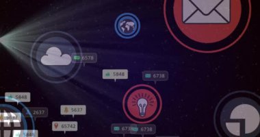 Arka planda parlayan ışıklar üzerinde sosyal medya simgeleri ve numaraların animasyonu. küresel sosyal medya, bağlantılar ve dijital arayüz konsepti dijital olarak oluşturulmuş video.