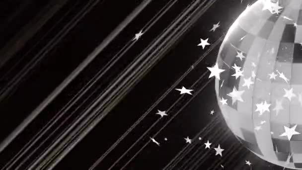 Animazione Stelle Bianche Palla Specchio Con Fasci Luce Sfondo Nero — Video Stock