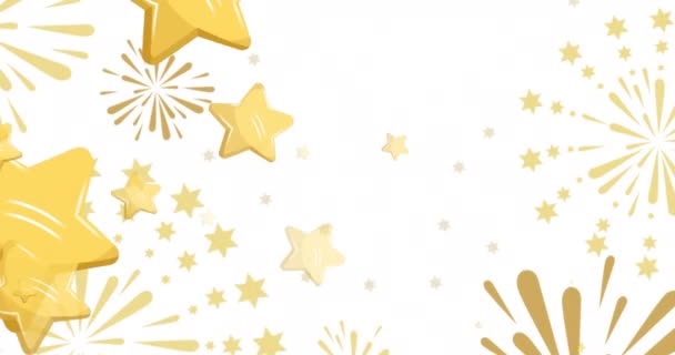 白い背景に新年の花火の上を動く金のクリスマスの星のアニメーション クリスマス お祝い パーティーや季節のイベントのコンセプトデジタルで生成されたビデオ — ストック動画