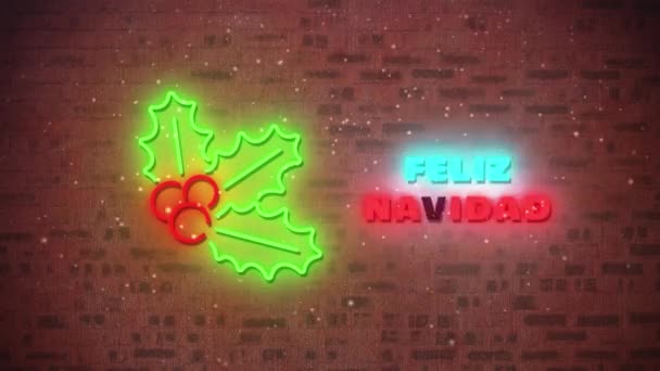 スペイン語でネオンクリスマスの季節の挨拶やレンガの壁の上の装飾のアニメーション クリスマスの伝統とお祝いのコンセプトデジタル生成ビデオ — ストック動画