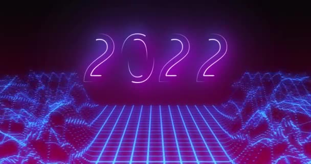 Animation 2022 Text Glowing White Pink Blue Grid Landscape Black — Stock Video