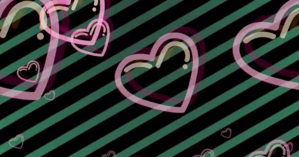 Κινούμενα Σχέδια Ροζ Καρδιές Που Κινούνται Πάνω Από Πράσινες Ρίγες — Αρχείο Βίντεο