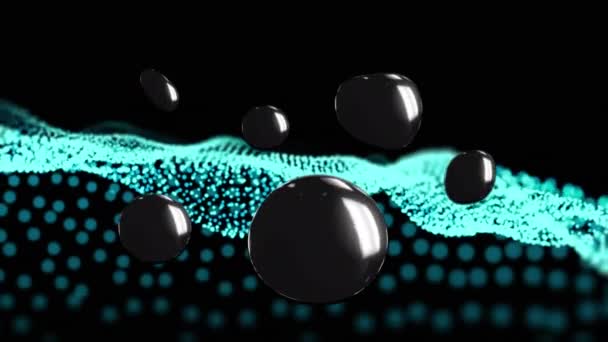 Animación Formas Negras Brillantes Flotando Sobre Paisaje Partículas Azules Brillantes — Vídeos de Stock