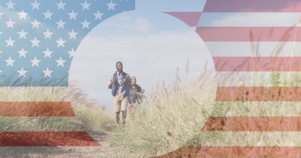 Animation Independence Day Text Smiling Diverse Couple Hiking Patriotism Celebration — Stock Video