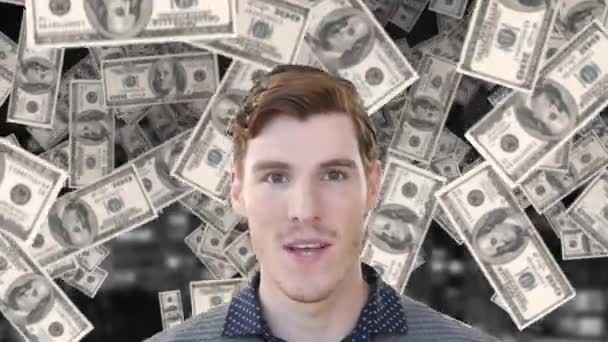 白人ビジネスマンの上に浮かぶアメリカドル紙幣のアニメーション 世界中のビジネスや金融の概念をデジタルで — ストック動画
