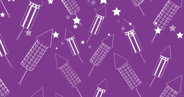 Animation White Stars Rocket Fireworks Purple Background New Year Celebration — Stock Video