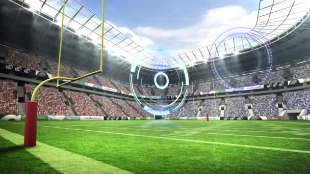 スポーツスタジアムでアメリカのサッカーピッチ上のスキャナ処理のアニメーション スポーツ グローバル通信とデータ技術の概念デジタルで生成されたビデオ — ストック動画