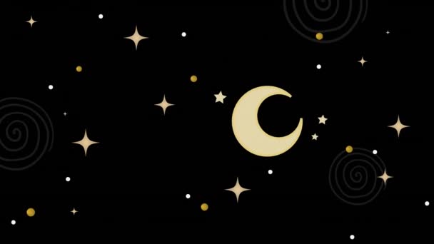 Animación Estrellas Navidad Anaranjadas Amarillas Luna Creciente Sobre Fondo Negro — Vídeo de stock