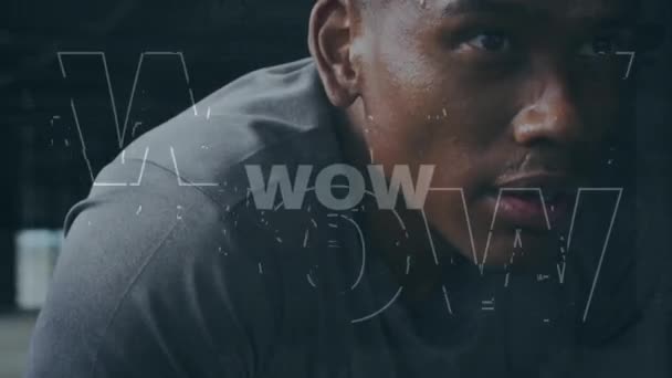 Animation Wow Text African American Sportsman Παγκόσμιος Αθλητισμός Υγιής Τρόπος — Αρχείο Βίντεο