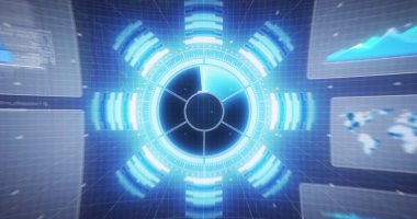 Bilgisayar sunucularıyla teknoloji odasının üzerindeki ekranlarda veri işleme görüntüsü. dijital arayüz, bulut hesaplama konsepti ve teknoloji konsepti dijital olarak oluşturulmuş görüntü.