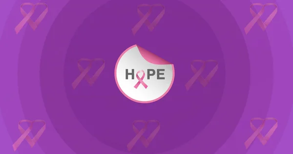 乳腺癌认知文字在粉红乳腺癌丝带上的影像 乳腺癌认识运动概念数字化生成的图像 — 图库照片