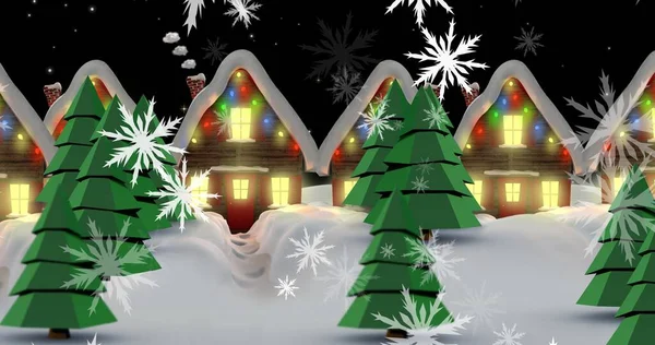 Vektorový Obraz Osvětlených Zasněžených Domů Sněhovými Vločkami Vánočními Stromky Noci — Stock fotografie