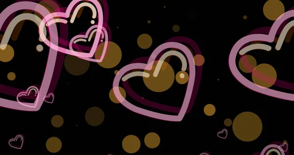 粉色的心脏在黑色背景的发光点上移动的图像 情人节 爱情和浪漫的概念数码生成的图像 — 图库照片