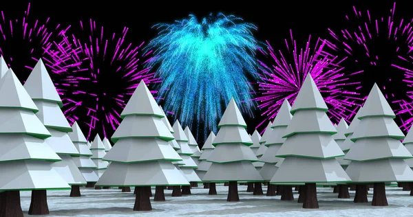 Afbeelding Van Roze Blauwe Kerst Nieuwjaarsvuurwerk Boven Witte Boomvormen Nachtelijke — Stockfoto
