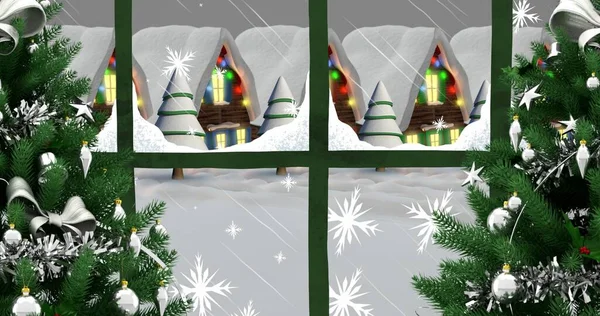 Vektorbild Von Geschmückten Schneebedeckten Häusern Und Weihnachtsbäumen Nachts Durch Fenster — Stockfoto