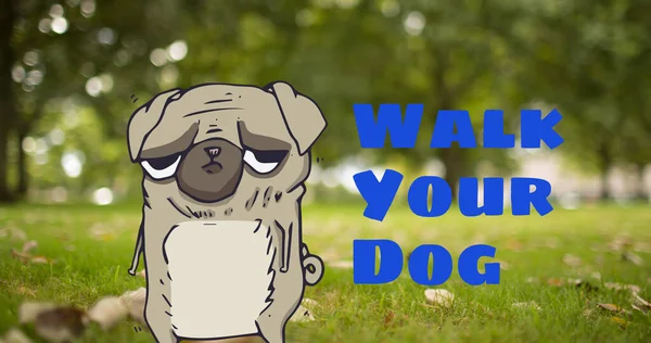 Köpeğinizin Komik Resimli Pug Köpeğinin Üzerinde Mavi Mesajla Yürüme Görüntüsü — Stok fotoğraf