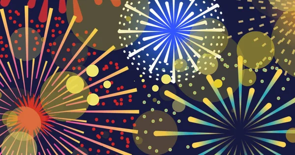 Bild Von Farbenfrohen Feuerwerksexplosionen Und Bokeh Gelben Lichtflecken Auf Schwarzem — Stockfoto
