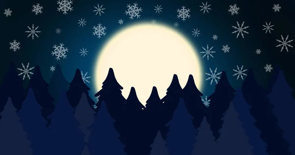 Wizerunek Świątecznych Pozdrowień Języku Rosyjskim Nad Padającym Śniegiem Księżycem Choinkami — Zdjęcie stockowe