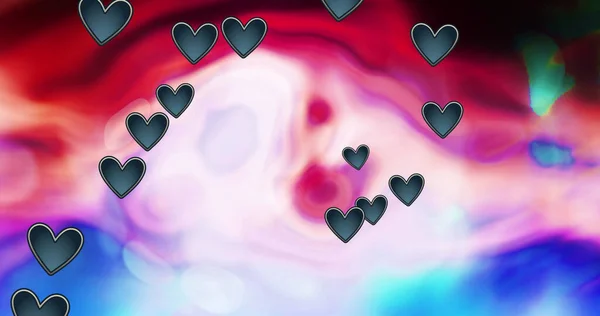 Afbeelding Van Zwarte Harten Bewegend Veelkleurige Achtergrond Valentijnsdag Liefde Romantiek — Stockfoto