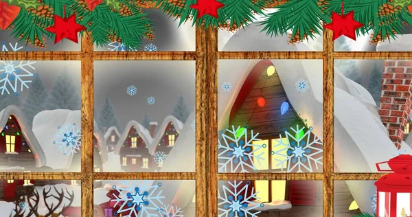 Immagine Vettoriale Casa Decorata Illuminata Vista Attraverso Finestra Festa Natale — Foto Stock