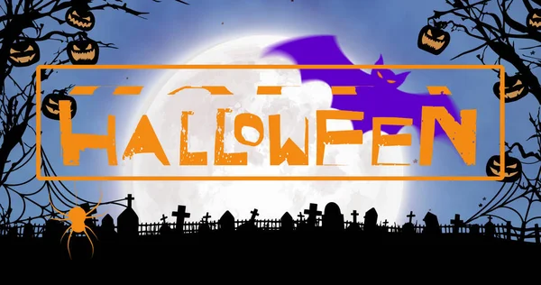 Boldog Halloween Szöveg Képe Temető Felett Halloween Ősz Ünneplés Hagyomány — Stock Fotó