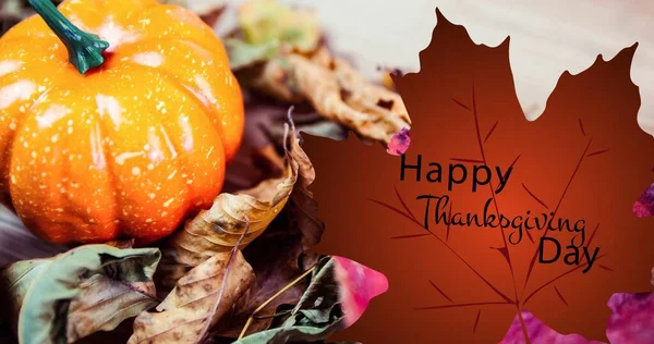 Sammansatt Bild Höstlöv Glad Tacksägelsetext Och Squash Med Kopieringsutrymme Thanksgiving — Stockfoto