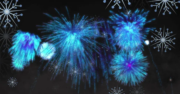 Imagem Flocos Neve Natal Azul Fogos Artifício Ano Novo Explodindo — Fotografia de Stock