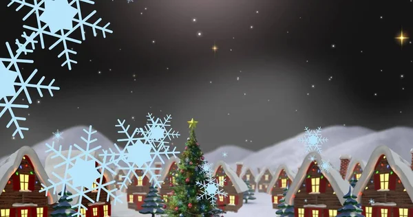 Composición Copos Nieve Casas Cubiertas Nieve Contra Cielo Por Noche —  Fotos de Stock