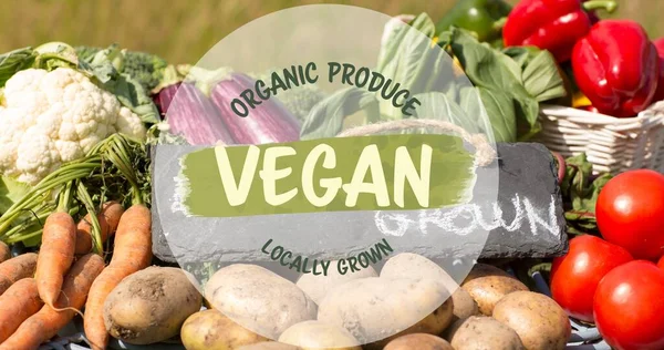 Primer Plano Los Productos Orgánicos Vegana Texto Símbolo Cultivado Localmente — Foto de Stock