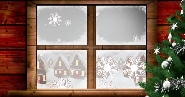 Wektorowy Obraz Pokrytych Śniegiem Domów Widzianych Przez Okno Przez Choinkę — Zdjęcie stockowe