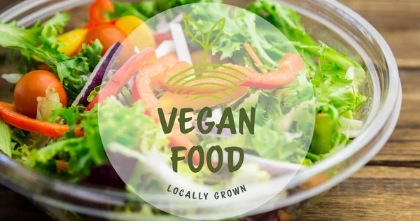 Close Vegan Food Locally Grown Symbol Text Fresh Salad Bowl — Stock Photo, Image