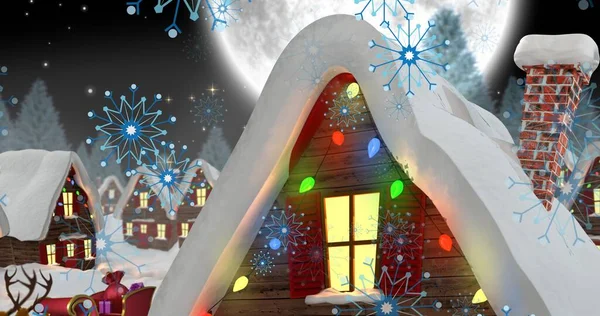 Ψηφιακή Εικόνα Φωτισμένης Διακοσμημένης Χιονισμένης Κατοικίας Νιφάδες Χιονιού Νύχτα Χριστουγεννιάτικη — Φωτογραφία Αρχείου