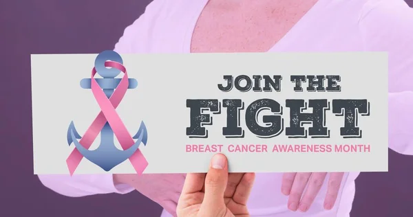 乳がんの認知スローガンを持つ女性の複合画像 乳がん啓発キャンペーンとベクトルコンセプト — ストック写真