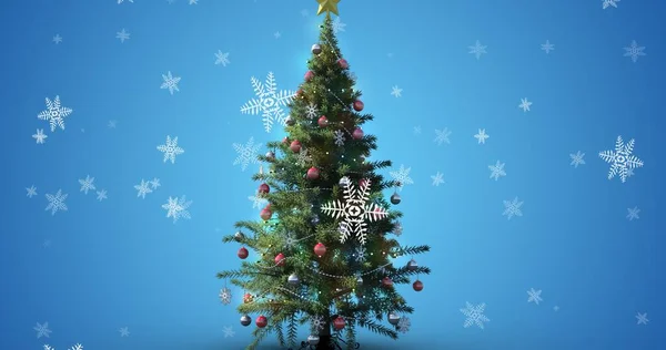 Digitale Composiet Afbeelding Van Kerstboom Sneeuwvlokken Tegen Blauwe Achtergrond Met — Stockfoto