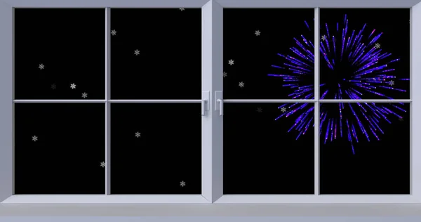 Bild Eines Fensters Mit Weißen Sternen Und Weihnachts Und Neujahrsfeuerwerk — Stockfoto