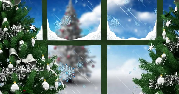 Digitales Zusammengesetztes Bild Des Geschmückten Weihnachtsbaums Fenster Winter Kopierraum Weihnachtsfest — Stockfoto