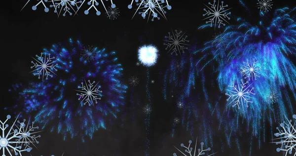 Imagem Flocos Neve Natal Azul Fogos Artifício Ano Novo Explodindo — Fotografia de Stock