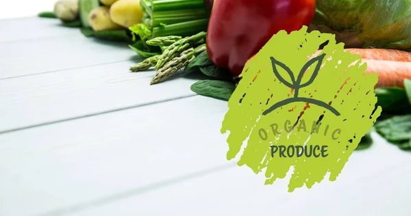 Close Organic Produce Symbol Fresh Vegetables Wooden Table Digital Composite — Stock Photo, Image