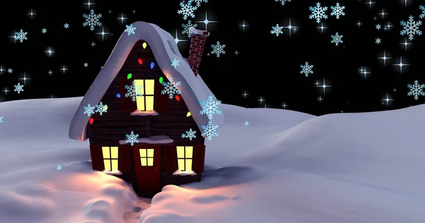 Kompozytowy Obraz Płatków Śniegu Oświetlonego Domu Pokrytego Śniegiem Nocy Przestrzeń — Zdjęcie stockowe