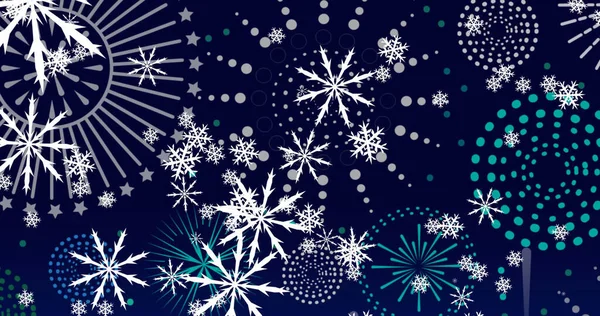 Képek Karácsonyi Hópelyhek Újévi Tűzijáték Kék Háttérrel Újév Ünnep Parti — Stock Fotó