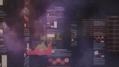 Bulutların ve gökyüzünün üzerinde işlenen istatistiklerin animasyonu. küresel bağlantılar ve veri işleme konsepti dijital olarak oluşturulmuş video.