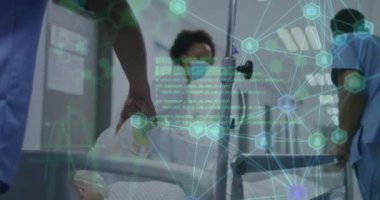 Hastanedeki maskeli doktorların ikonlarıyla olan bağlantıların animasyonu. tıp ve sağlık hizmetleri kavramı dijital olarak üretilen video.