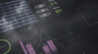Bulutların ve gökyüzünün üzerinde işlenen istatistiklerin animasyonu. küresel veri işleme ve dijital arayüz konsepti dijital olarak oluşturulmuş video.