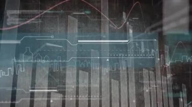 Şehir manzarası üzerindeki istatistik veri işleme animasyonu. küresel bağlantılar ve veri işleme konsepti dijital olarak oluşturulmuş video.