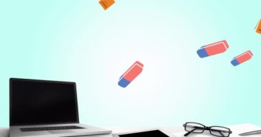 Laptop ve ofis eşyalarının yeşil arka planda canlandırılması. ulusal temizlik sizin masa günü konsepti dijital olarak oluşturulmuş video.