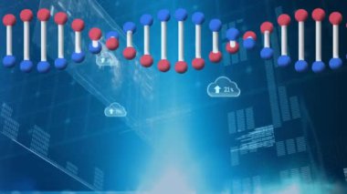 DNA iplikçiklerinin etrafında dönen dijital bulutların ve veri işlemenin animasyonu. küresel bulut hesaplaması, bağlantılar, veri işleme ve dijital arayüz konsepti dijital olarak oluşturulmuş video.