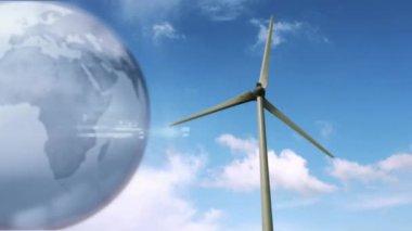 Kırsal kesimde rüzgar türbininin üzerindeki dünyanın animasyonu. küresel ısınma, iklim değişikliği, rüzgar enerjisi ve sürdürülebilirlik kavramı dijital olarak oluşturulmuş video.