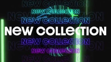 Yeşil neon şeritler üzerinde yeni koleksiyon metninin animasyonu. Klasik moda ve iletişim konsepti dijital olarak oluşturulmuş video.